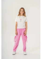 Magu Girl's Cotton White Floral Printed T-Shirt and Pink Pocket Pants Set