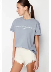  Collection Gray 100% Cotton Slogan Printed Relaxed/Wide Relaxed Cut Knitted T-Shirt TWOSS19GH0034