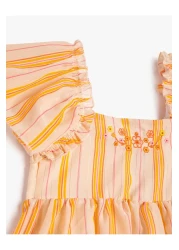 Koton Dress Ruffled Short Bell Sleeves Cotton Lined Floral Embroidery Detailed