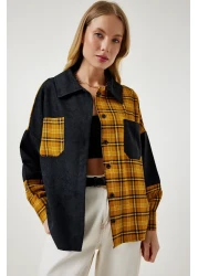 Happiness İstanbul قميص نسائي منسوج من الجلد المدبوغ بلون الخردل الأسود WF00064