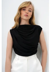 Trend Alaçatı Stili Women's Black High Collar Shoulder Draped Sleeveless Sandy Blouse ALC-X10021