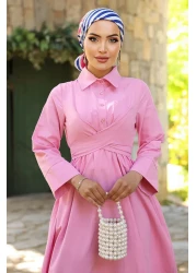 InStyle Belt Detailed Shirt Collar Pink Dress