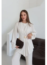 Laluvia طقم بنطلون بلوزة ببروش ذهبي طبيعي - 8759