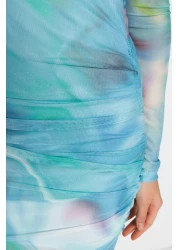  Collection فستان طويل مرن من التول منقوش باللون الأزرق TWOSS23EL01799