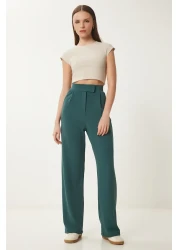 Happiness İstanbul Women's Emerald Green Velcro Waist Comfortable Woven Trousers RV00150