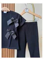 Magu Girl's Cotton Black Ribbon Detailed T-Shirt and Ribbed Trousers Set – Stylish Casual Combination
