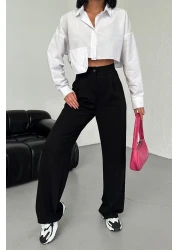 CNRCollection بنطلون بالازو نسائي أسود عالي الخصر مطوي بأزرار من الليكرا قابل للتمدد مقاس كبير غير رسمي