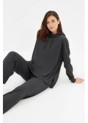  Collection Anthracite Hooded Ribbed Knitted Pajamas Set Thmaw22Au0334