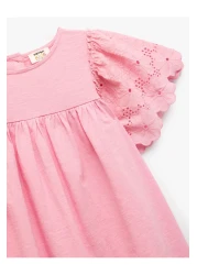 Koton Short Sleeve Crew Neck Embroidered Cotton Dress