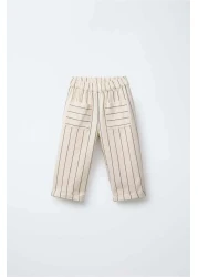 Magu Unisex Kids Cotton Ecru Lion Printed T-Shirt and Striped Pants Set – Summer Set with Pockets