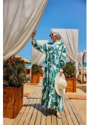 LOCCO فستان نسائي منقوش بأوراق الشجر باللون الأخضر