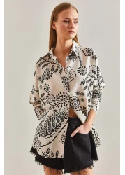 Bianco Lucci Women's Large Leaf Patterned Casual Linen Shirt60101021