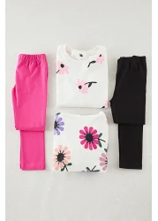 TRENDYOLKIDS White-Multicolor 4-Piece Girl's Floral Knitted Top and Bottom Set Tkdaw25Au00120