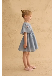 Fahhar Kids Flounced Embroidered Cotton Dress Light Blue