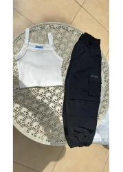 Magu Girl's Cotton Beige Cargo Pants Suit - Crop Tank Top