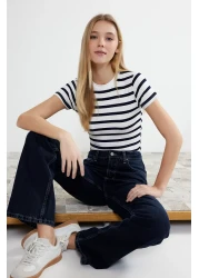  Collection Navy Blue Striped Knitted Blouse with Stretchy Viscous Fabric - Twoss24Bz00296