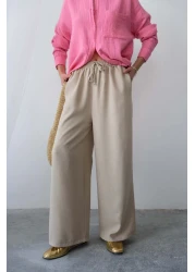 Hatun Atila بنطلون Palazzo صيفي مريح بخصر عالٍ وأربطة وأرجل واسعة - بيج