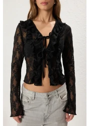  Collection Black Lace Fitted/Fitted Gather/Drape and Tie Detail Stretchy Knitted Blouse Twoss25Bz00270