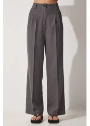 Happiness İstanbul Women's Smoked Wide Leg Masculine Woven Trousers HG00001