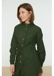  Modest طقم قميص وسروال منسوج بياقة واقفة باللون الكاكي TCTSS21AU0247