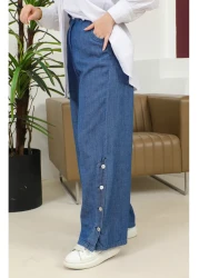 sefamerve بنطال جينز واسع الساق بأزرار 30051-02 - أزرق