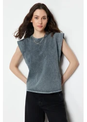  Collection Anthracite*001 Faded Effect 100% Cotton Wadding Appearance Basic Crew Neck Knitted T-Shirt TWOSS20TS0021