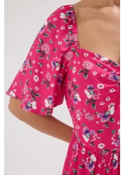  Collection Pink A-line Balloon Sleeve Floral Print Midi Woven Dress TWOSS20EL2323