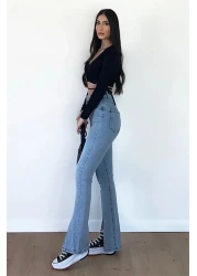 BEES JEANS بنطلون نسائي ذو فتحة أمامية باللون الأزرق الثلجي ذو أرجل إسبانية وخصر عالي