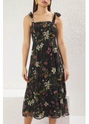  Collection Black Floral Print Chiffon Midi Dress with Back Gipe Detail - Slit, Lined Twoss24El00699