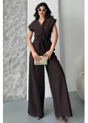 spirituel Women's Double Bottom Top Suit Lace-Up Loose Cut Flowy Summer Short Sleeve Kimono Jacket Palazzo Pants