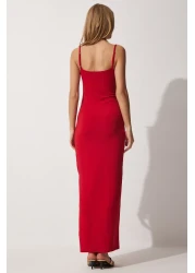 Happiness İstanbul فستان ساران صيفي طويل محبوك بحزام أحمر للسيدات UB00027