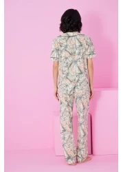 Siyah İnci بدلة بيجامة بأكمام قصيرة منقوشة بأوراق خضراء وأزرار7855