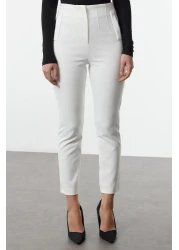  Collection White Cigarette Mold Collet High Waist Ankle Length Woven Fabric Pants Twoss20Pl0515