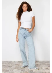  Collection White Fitted High Collar Crop Ribbed Stretchy Knitted Blouse TWOSS21BZ0780