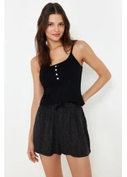  Collection Black 100% Cotton Polka Dot Button Detail Rope Strap Shorts Knitted Pajamas Set Thmss24Pt00335