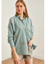 Olalook قميص Boyfriend نسائي مطرز باللون الأخضر - GML- 19000992