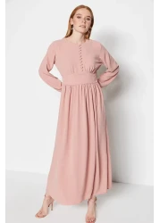  Modest Aerobin Dusty Rose Dress with Corsage and Fabric Covered Button Detail TCTSS23EB00254