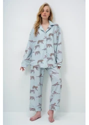 Trend Alaçatı Stili Mint Green Piping Detailed Digital Printed Satin Long Shirt and Pants Pajama Set Pjm-X13913