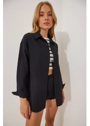 Happiness İstanbul قميص بوبلين أسود كبير الحجم بأزرار للنساء DD01103