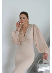 1Moda1Tarz فستان نسائي مستورد من قماش الكريب بأكمام وصدر شيفون مطرز بالأحجار بتصميم خاص