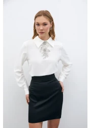 Sateen Ecru Blouse with Stone Accessories