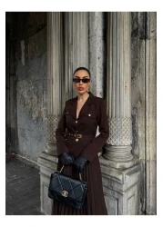 buqre's moda Premium Pleated Gold Buttoned Belted Jacket Skirt Set