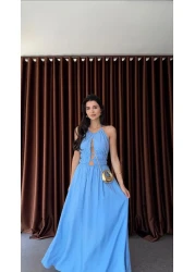 HAZELANNA Back Gold Detailed Blue Dress