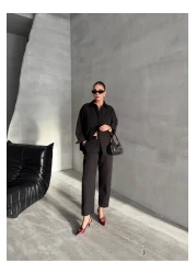 Laluvia Black Marlin Belted Shirt Trousers Set - 8453