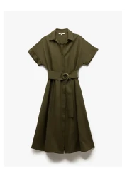Koton فستان قميص كبير الحجم بأكمام قصيرة ومخلوط من الكتان والفيسكوز