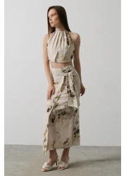  Collection Beige Tie Dye Patterned Wrap Midi Woven Skirt Twoss25Et00052