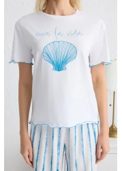  Collection White-Blue Striped Printed Baby Overlock Detailed Viscose Knitted Pajamas Set Thmss25Pt00141