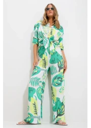 Trend Alaçatı Stili Women's Green Patterned Shirt and Trousers Top and Bottom Woven Set Alc-X11747