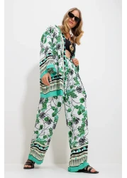 Trend Alaçatı Stili Women's Green-White Kimono Jacket and Palazzo Pants Set Alc-X11751