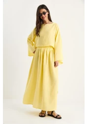 Bianco Lucci Women's Bat Sleeve Cropped Elastic Waist Slit Detail Skirted Muslin Suit 9280 60281002